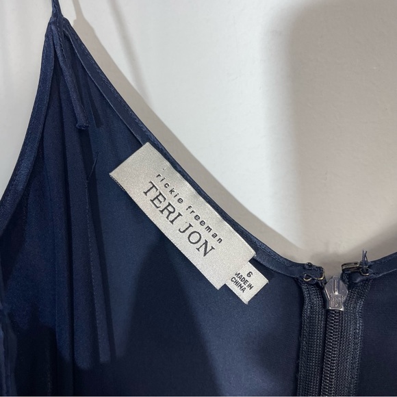 Rickie Freeman Teri Jon Silk Satin Slip Dress Navy Blue 6 Midi Spaghetti Strap - Picture 3 of 14